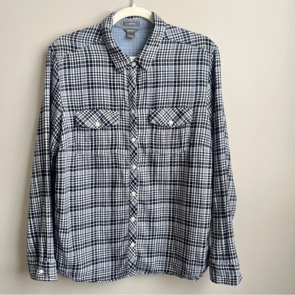Eddie Bauer Button Up Shirt Women's XL Cotton Gauze Plaid Black White Outdoor